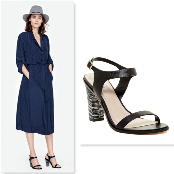 Unworn COLE HAAN Black Leather Ankle Strap Woven Wrapped Block Heel Sandals 8.5 - Picture 1 of 8